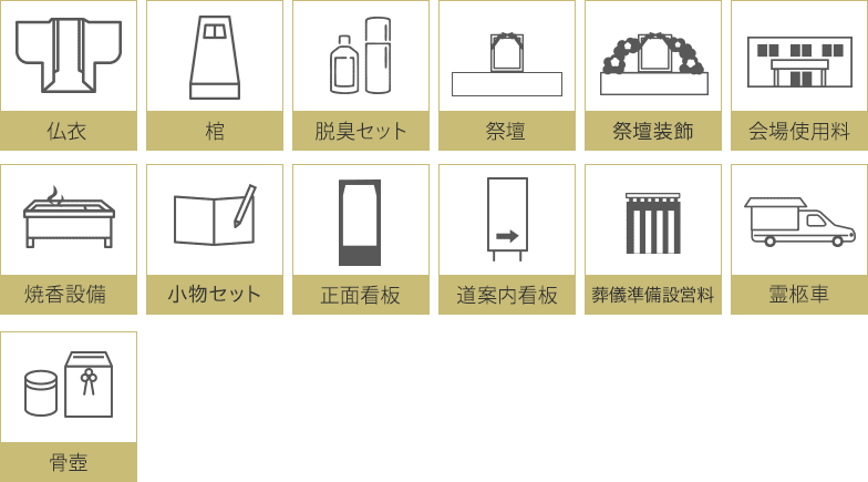 仏衣/棺/脱臭セット/祭壇/カラー遺影写真/会場使用料/焼香設備/受付セット/正面看板/道案内看板/霊柩車/骨壺