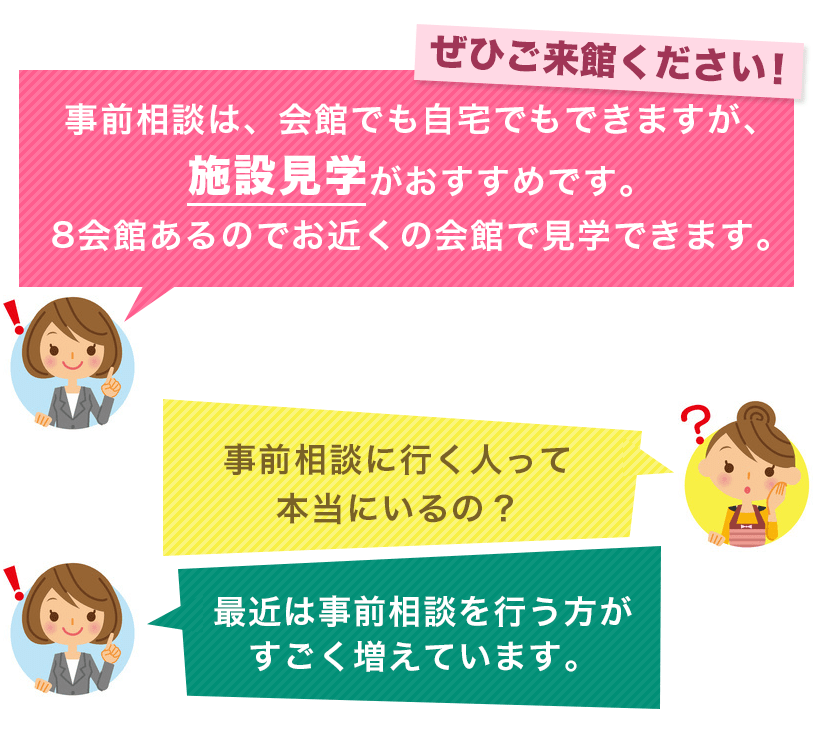 ぜひご相談ください。事前相談は、会館でも自宅でもできますが、施設見学がおすすめです。9会館あるのでお近くの会館で見学できます。