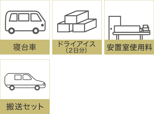 寝台車/ドライアイス（２日分）/安置室使用料/搬送セット